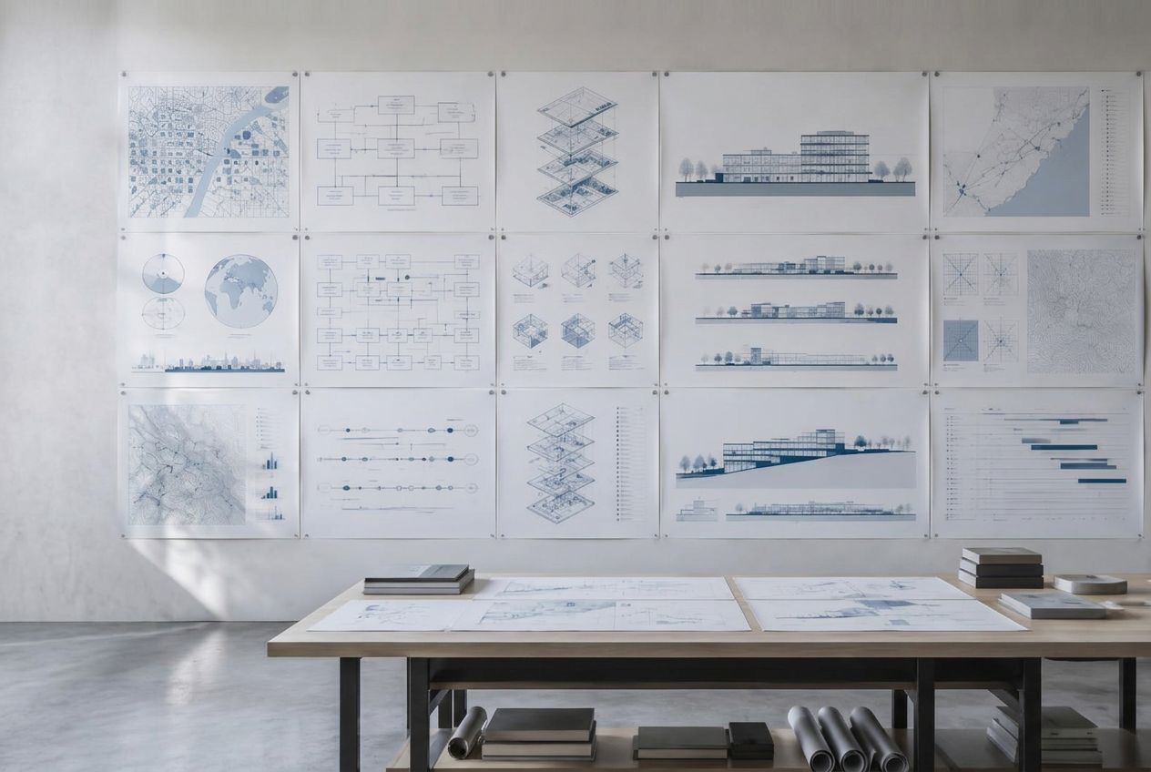 A disciplined review wall of systems maps, architecture drawings, and roadmaps
